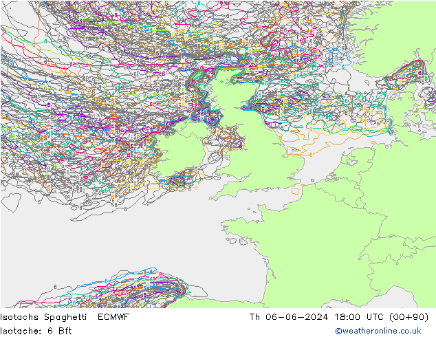 Isotachs Spaghetti ECMWF Čt 06.06.2024 18 UTC