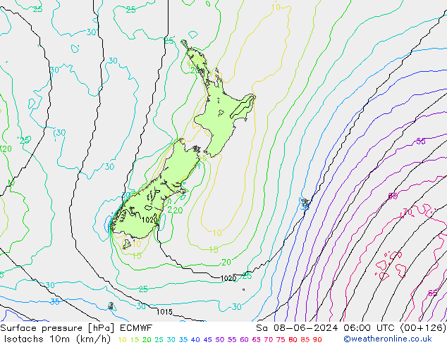 Isotachs (kph) ECMWF Sa 08.06.2024 06 UTC