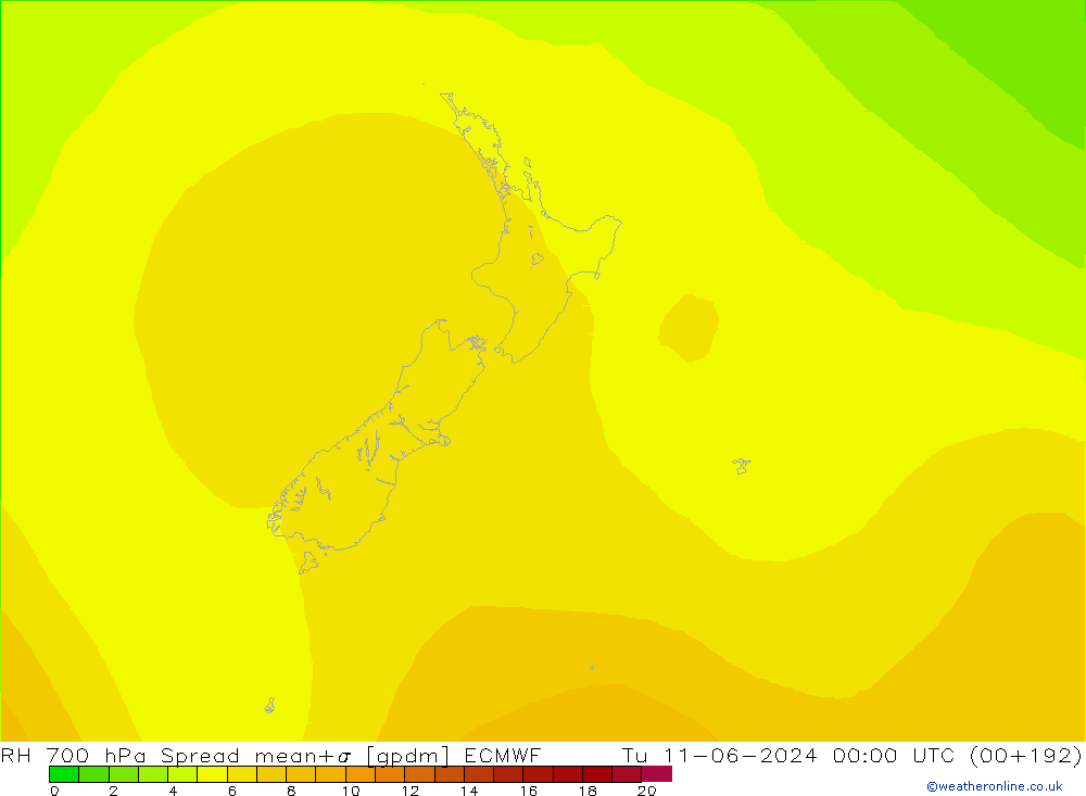 700 hPa Nispi Nem Spread ECMWF Sa 11.06.2024 00 UTC