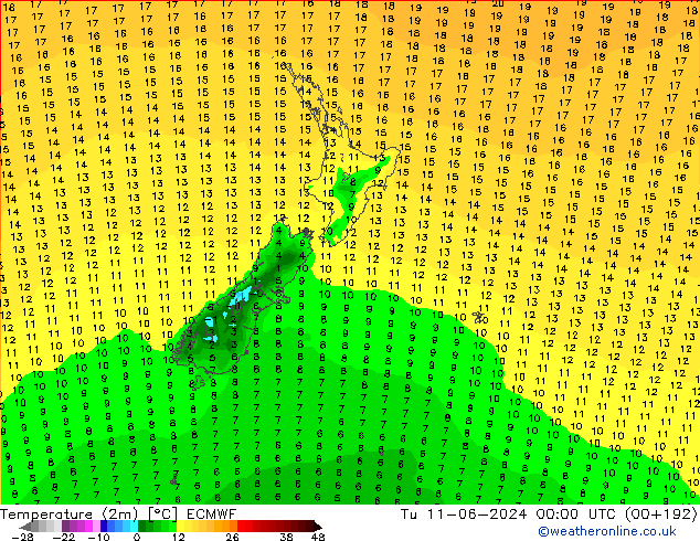 température (2m) ECMWF mar 11.06.2024 00 UTC