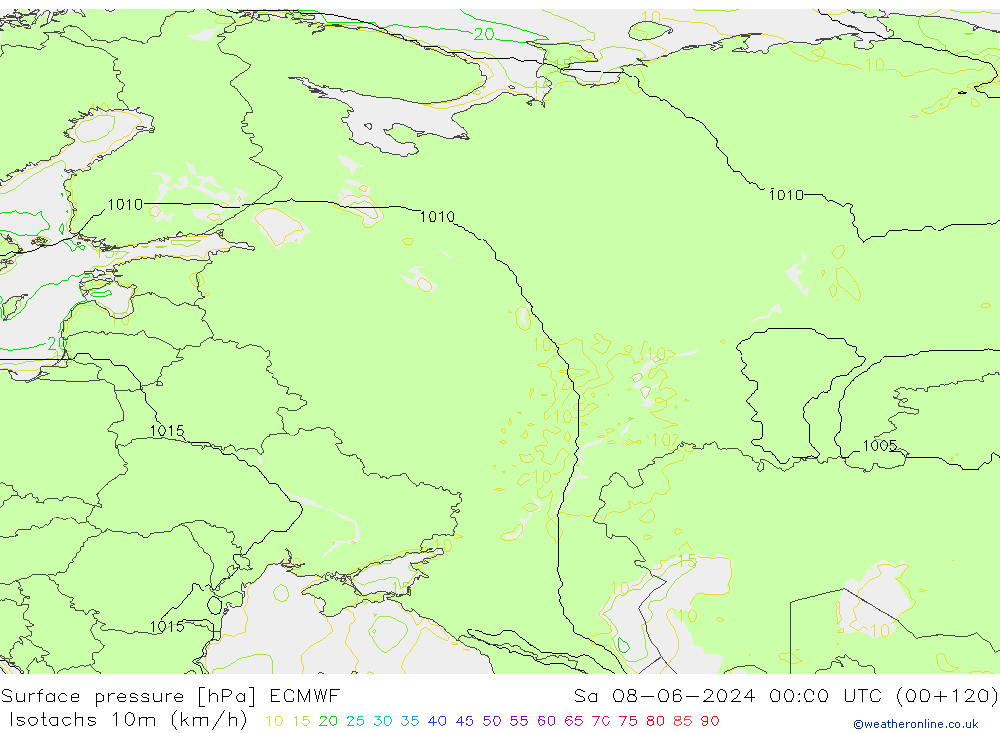 Isotachs (kph) ECMWF Sa 08.06.2024 00 UTC