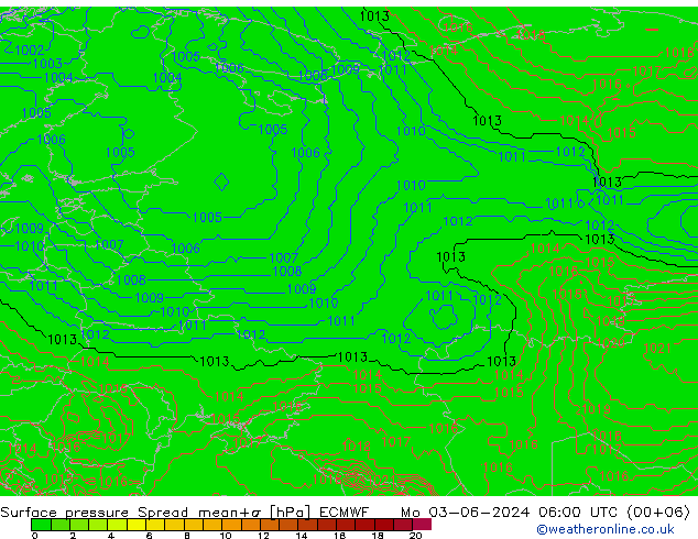 Atmosférický tlak Spread ECMWF Po 03.06.2024 06 UTC