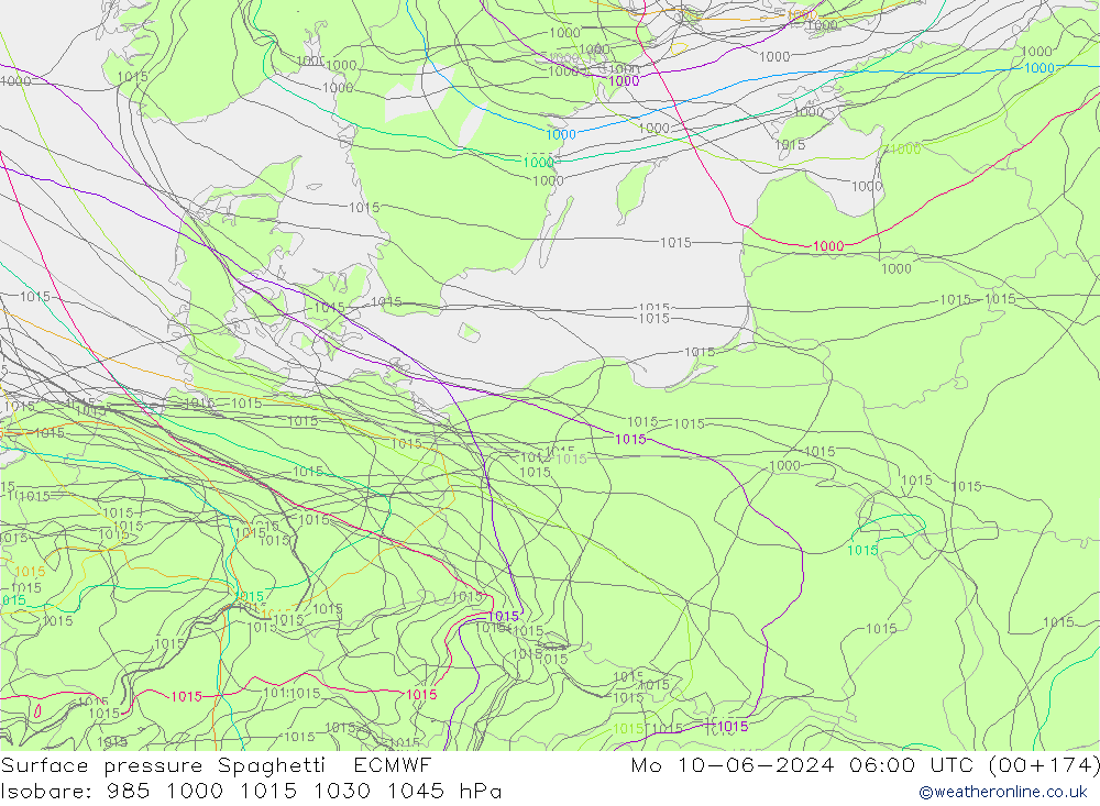 Surface pressure Spaghetti ECMWF Mo 10.06.2024 06 UTC