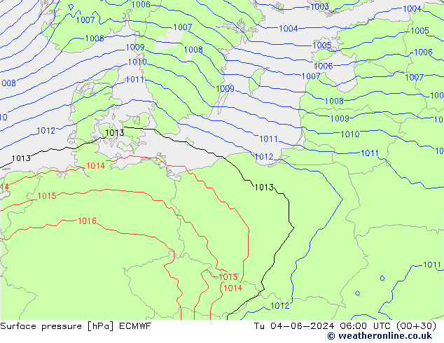 Surface pressure ECMWF Tu 04.06.2024 06 UTC