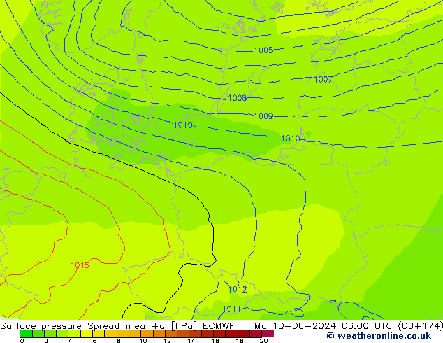 Surface pressure Spread ECMWF Mo 10.06.2024 06 UTC