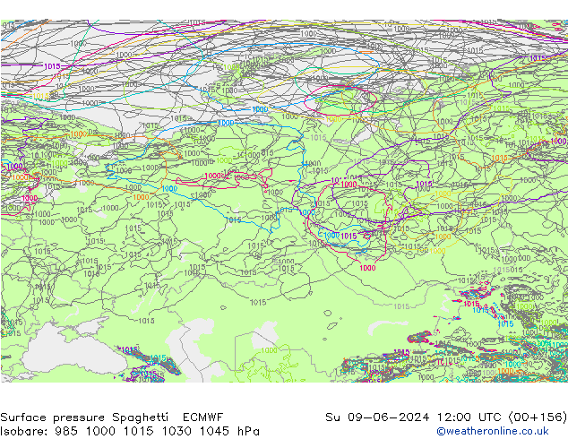 Presión superficial Spaghetti ECMWF dom 09.06.2024 12 UTC