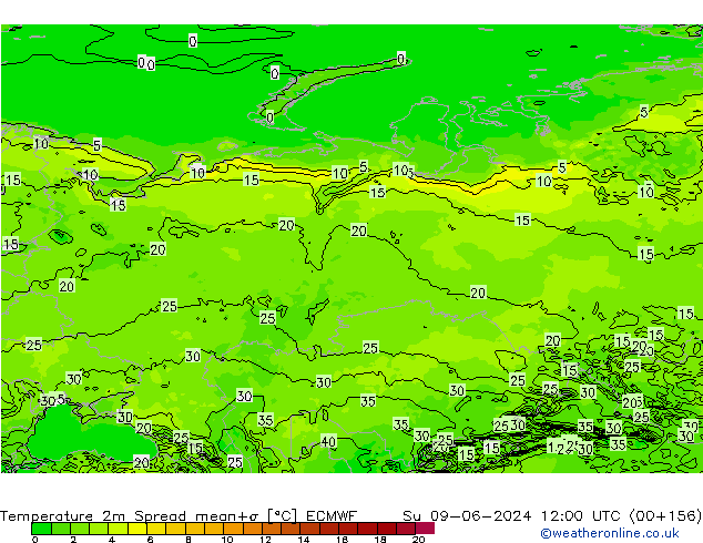 карта температуры Spread ECMWF Вс 09.06.2024 12 UTC