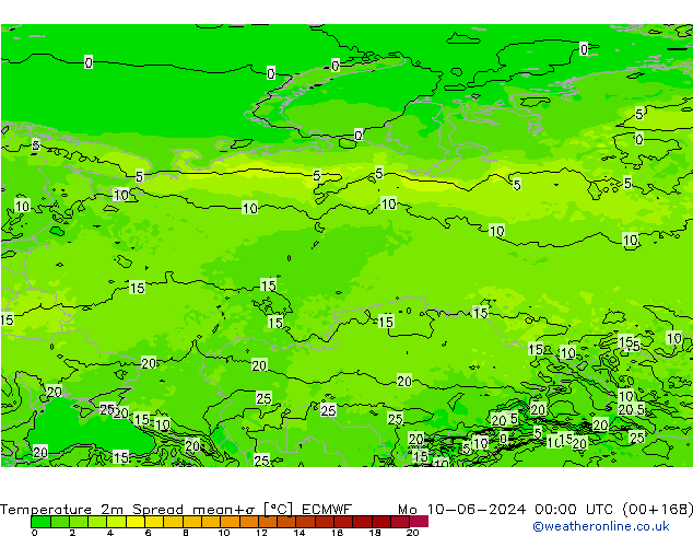 température 2m Spread ECMWF lun 10.06.2024 00 UTC
