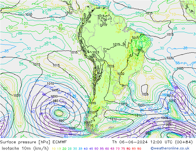 Isotachs (kph) ECMWF Th 06.06.2024 12 UTC