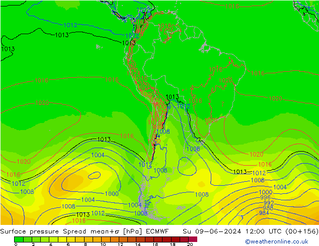 Presión superficial Spread ECMWF dom 09.06.2024 12 UTC