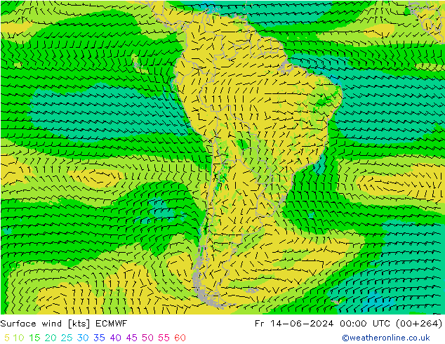 Vent 10 m ECMWF ven 14.06.2024 00 UTC