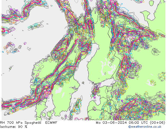 RH 700 hPa Spaghetti ECMWF Mo 03.06.2024 06 UTC