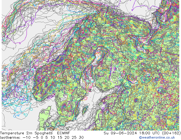 Temperatura 2m Spaghetti ECMWF dom 09.06.2024 18 UTC