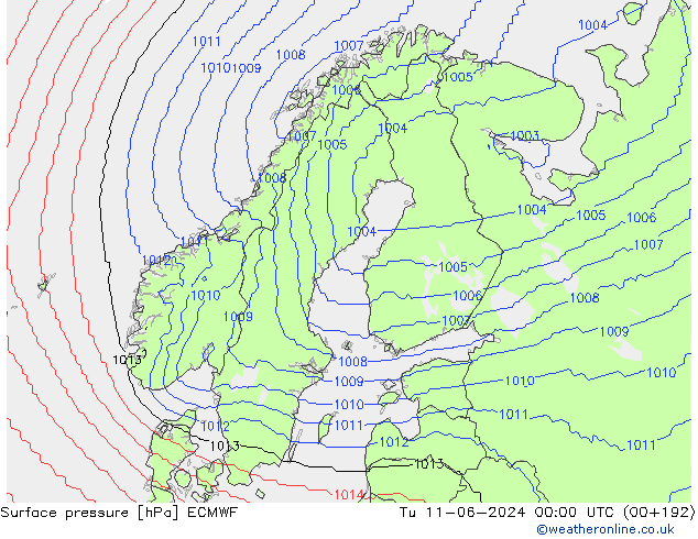 Surface pressure ECMWF Tu 11.06.2024 00 UTC