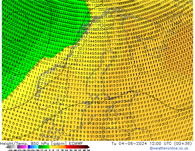 Height/Temp. 850 hPa ECMWF Tu 04.06.2024 12 UTC