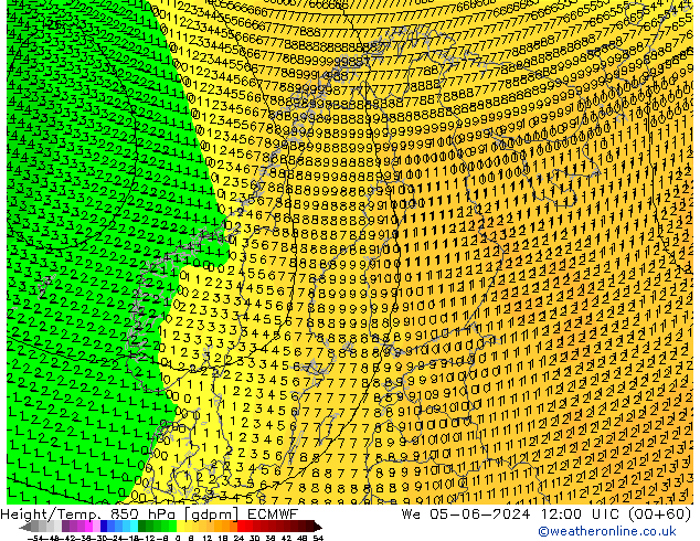 Height/Temp. 850 hPa ECMWF Mi 05.06.2024 12 UTC