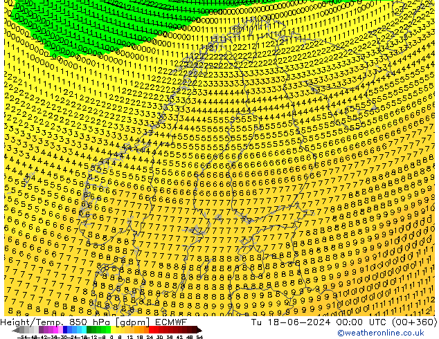 Géop./Temp. 850 hPa ECMWF mar 18.06.2024 00 UTC