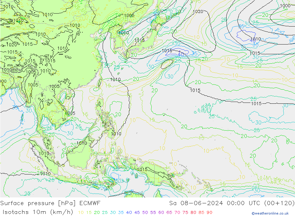 Isotachs (kph) ECMWF  08.06.2024 00 UTC