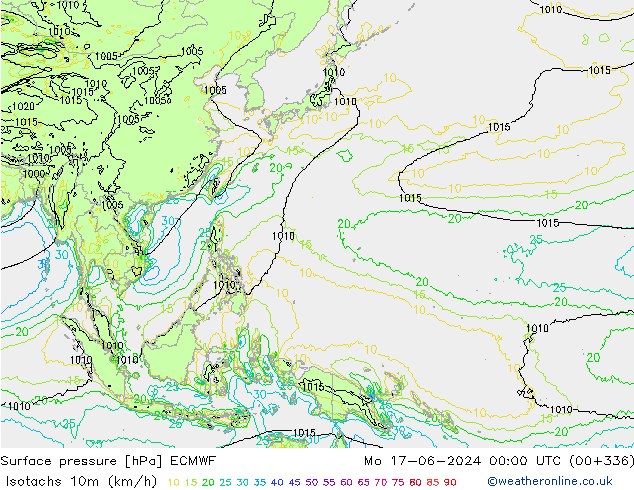 Isotachs (kph) ECMWF Po 17.06.2024 00 UTC