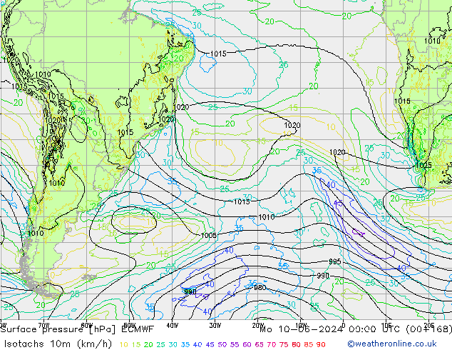 Isotachs (kph) ECMWF Seg 10.06.2024 00 UTC