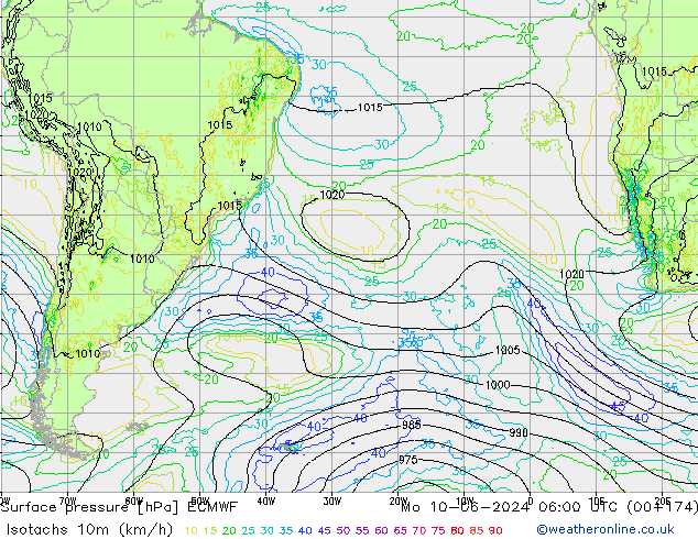 Isotachs (kph) ECMWF lun 10.06.2024 06 UTC