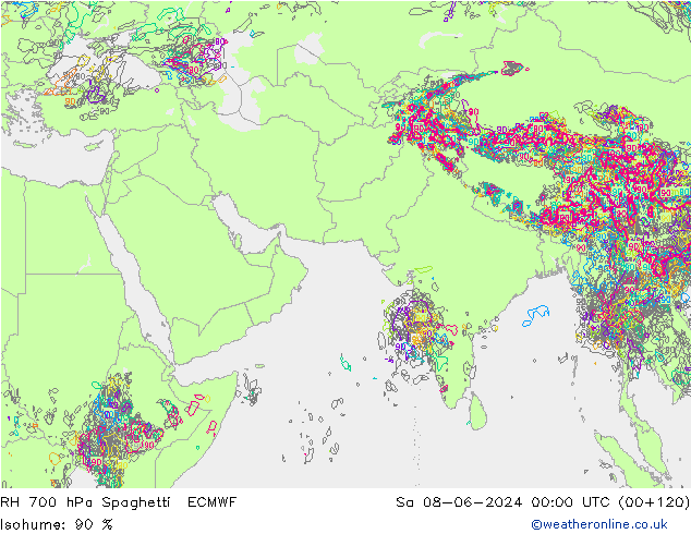 RH 700 hPa Spaghetti ECMWF so. 08.06.2024 00 UTC