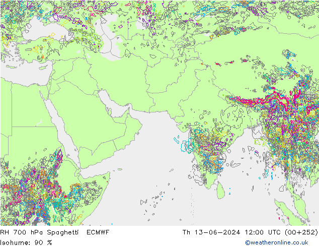 RH 700 hPa Spaghetti ECMWF Th 13.06.2024 12 UTC
