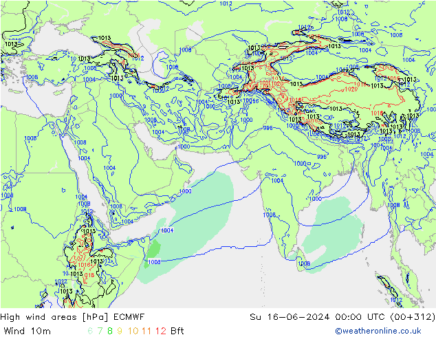 yüksek rüzgarlı alanlar ECMWF Paz 16.06.2024 00 UTC