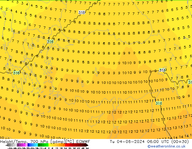 Height/Temp. 700 hPa ECMWF mar 04.06.2024 06 UTC