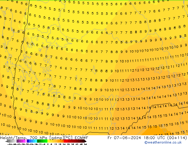 Height/Temp. 700 hPa ECMWF ven 07.06.2024 18 UTC