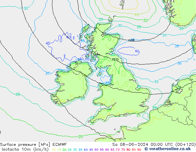 Isotachen (km/h) ECMWF Sa 08.06.2024 00 UTC