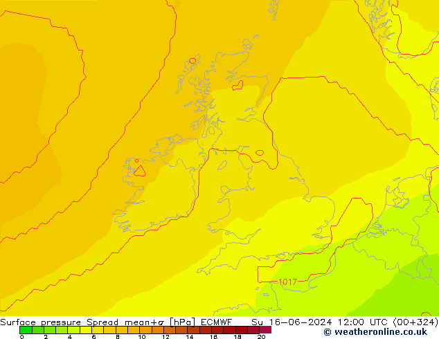 Surface pressure Spread ECMWF Su 16.06.2024 12 UTC