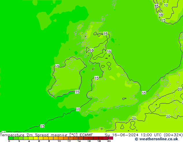 карта температуры Spread ECMWF Вс 16.06.2024 12 UTC
