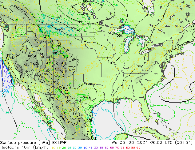 Isotachs (kph) ECMWF ср 05.06.2024 06 UTC