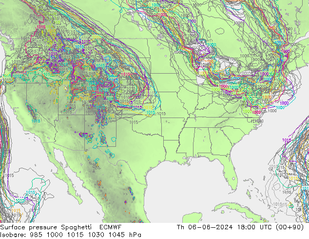 Surface pressure Spaghetti ECMWF Th 06.06.2024 18 UTC