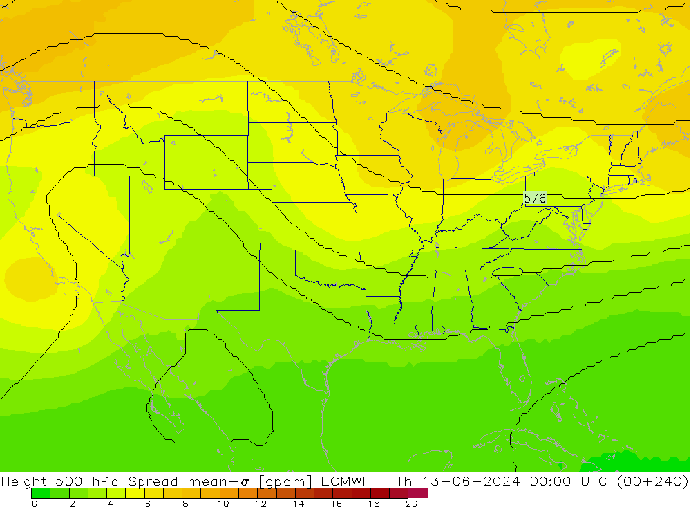 Height 500 гПа Spread ECMWF чт 13.06.2024 00 UTC