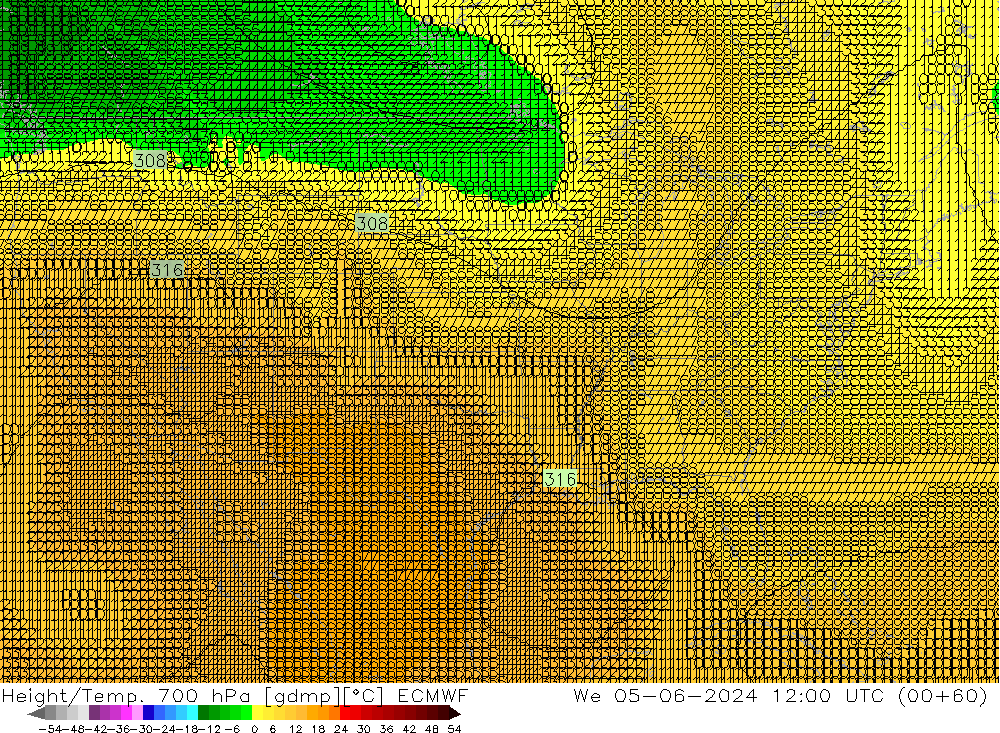 Height/Temp. 700 hPa ECMWF  05.06.2024 12 UTC