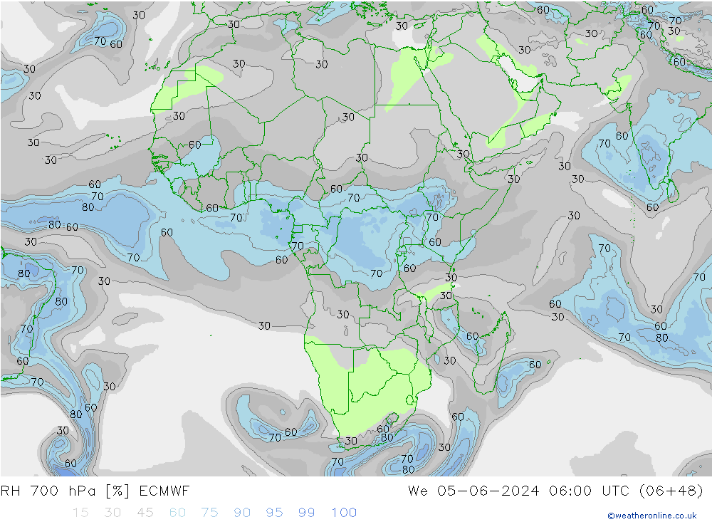 RH 700 hPa ECMWF mer 05.06.2024 06 UTC