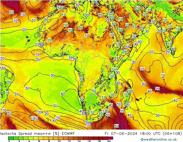 Isotachs Spread ECMWF Pá 07.06.2024 18 UTC