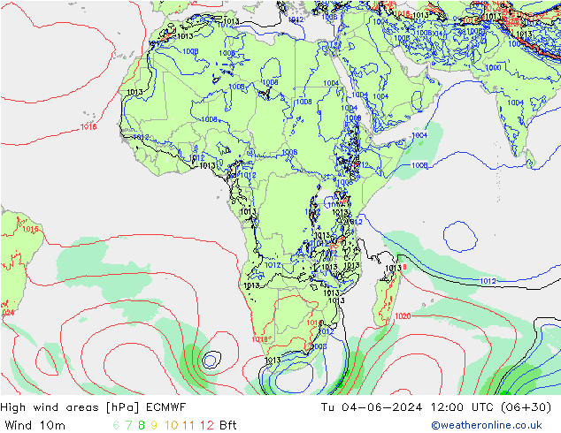 High wind areas ECMWF вт 04.06.2024 12 UTC