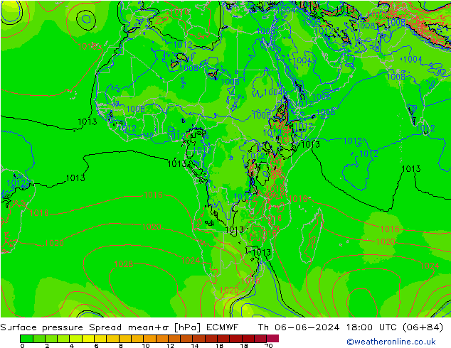 Surface pressure Spread ECMWF Th 06.06.2024 18 UTC