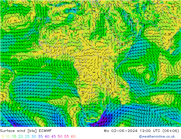 wiatr 10 m ECMWF pon. 03.06.2024 12 UTC