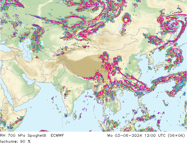 RH 700 hPa Spaghetti ECMWF pon. 03.06.2024 12 UTC