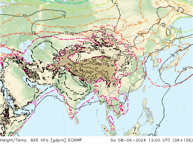 Height/Temp. 925 hPa ECMWF Sa 08.06.2024 12 UTC