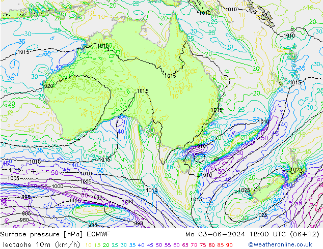 Isotachen (km/h) ECMWF ma 03.06.2024 18 UTC