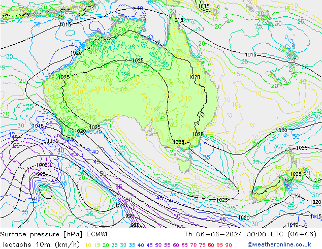 Isotachs (kph) ECMWF gio 06.06.2024 00 UTC