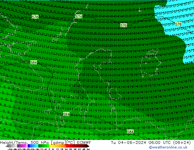 Height/Temp. 500 hPa ECMWF Út 04.06.2024 06 UTC