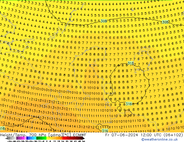 Height/Temp. 700 hPa ECMWF Fr 07.06.2024 12 UTC