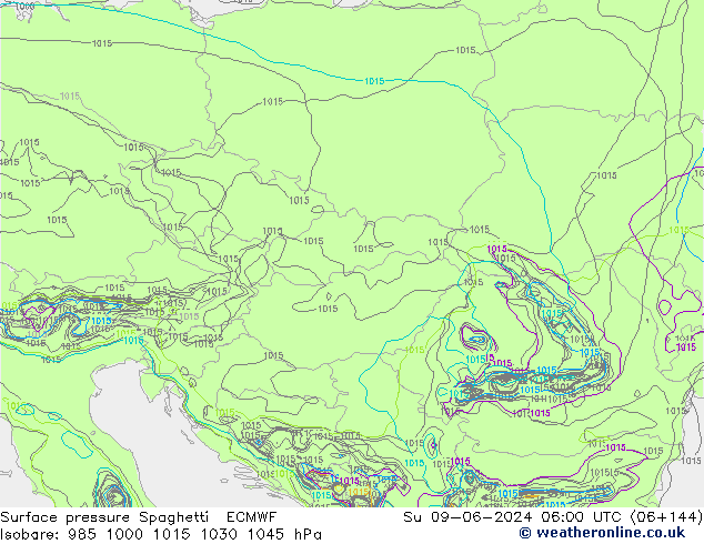 Pressione al suolo Spaghetti ECMWF dom 09.06.2024 06 UTC