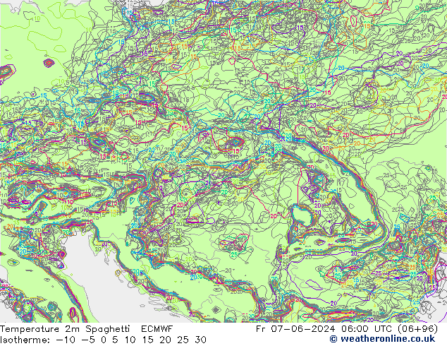 Temperature 2m Spaghetti ECMWF Fr 07.06.2024 06 UTC